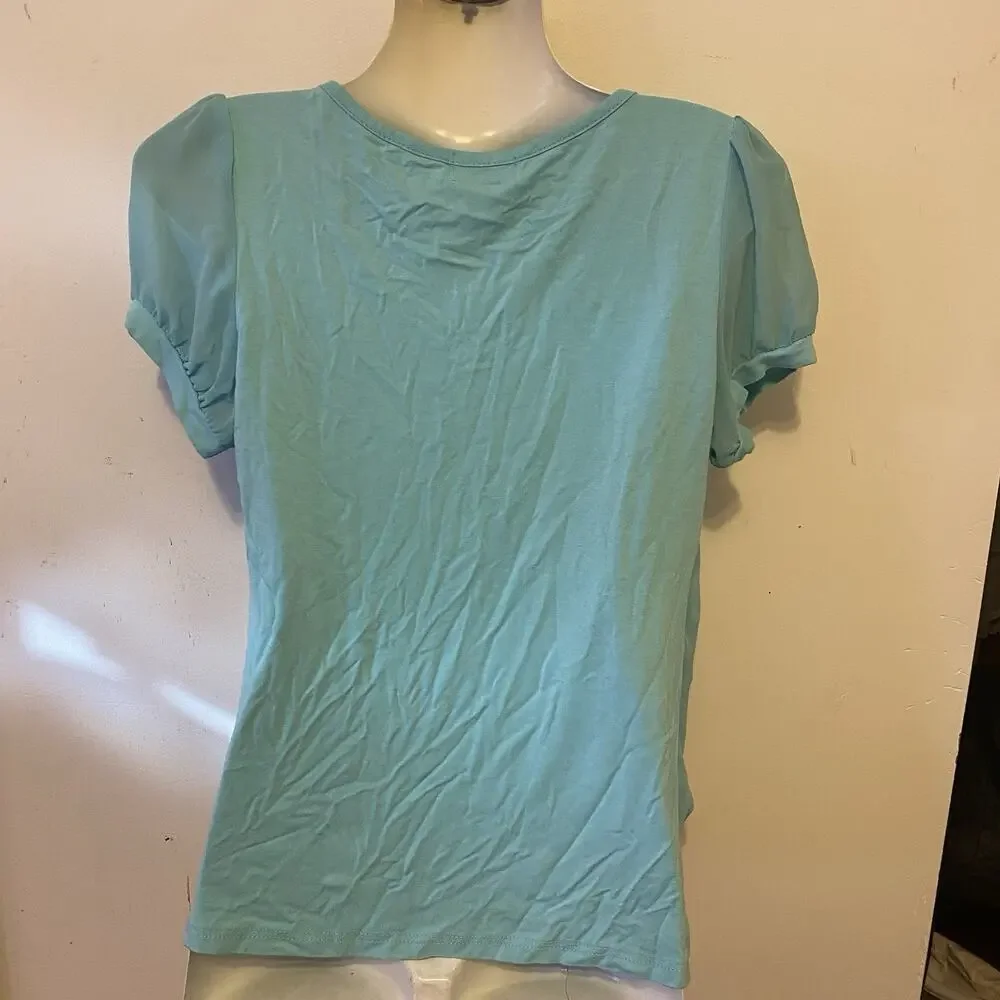 Vintage Y2K AquaBlue Layered Blouse Chiffon Ruffles PuffSleeve Bow Mermaidcore S - Picture 6 of 6